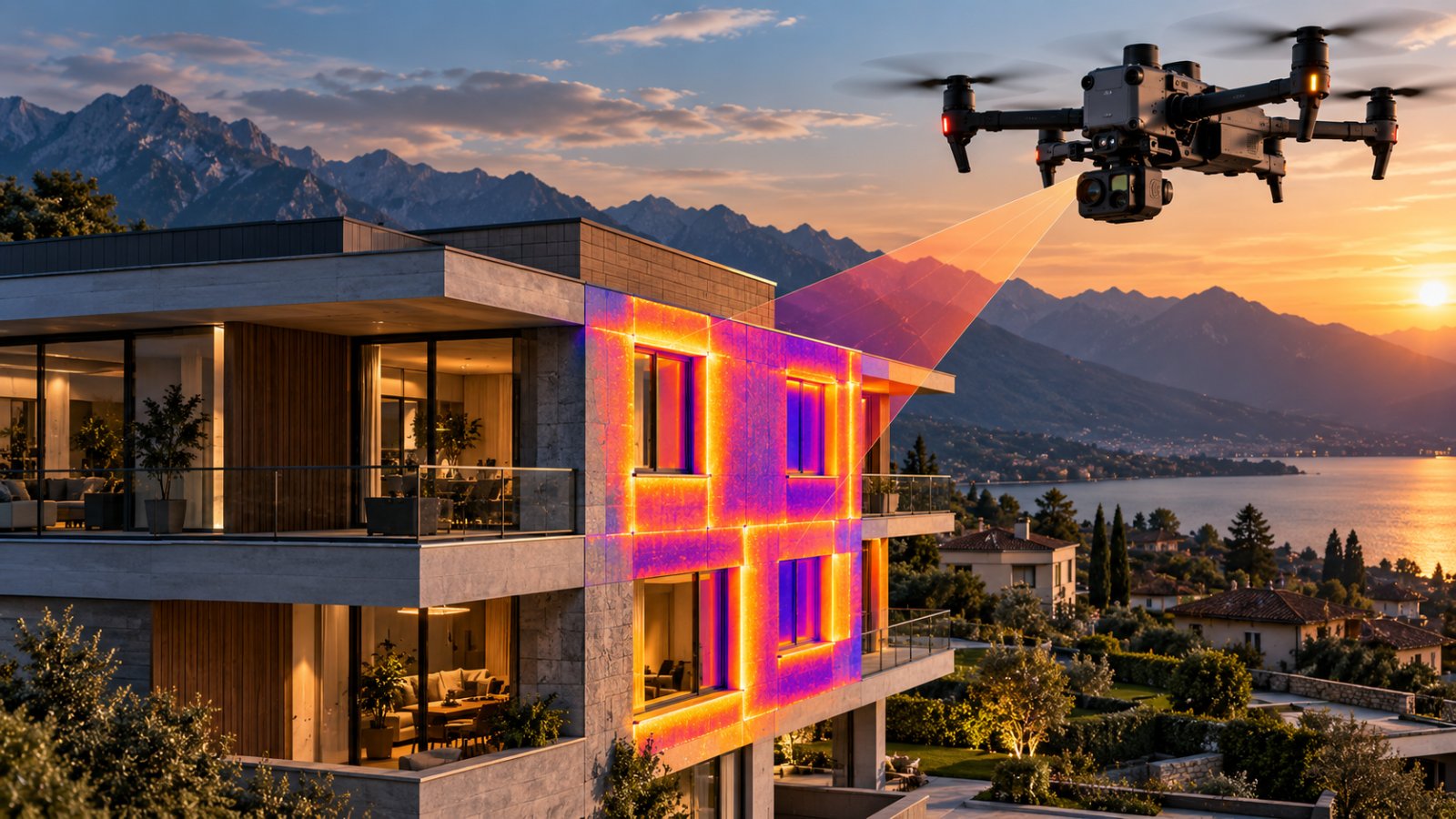 Drone con termocamera che inquadra la facciata di un edificio residenziale: la mappa termica evidenzia in colori caldi le dispersioni intorno alle finestre
