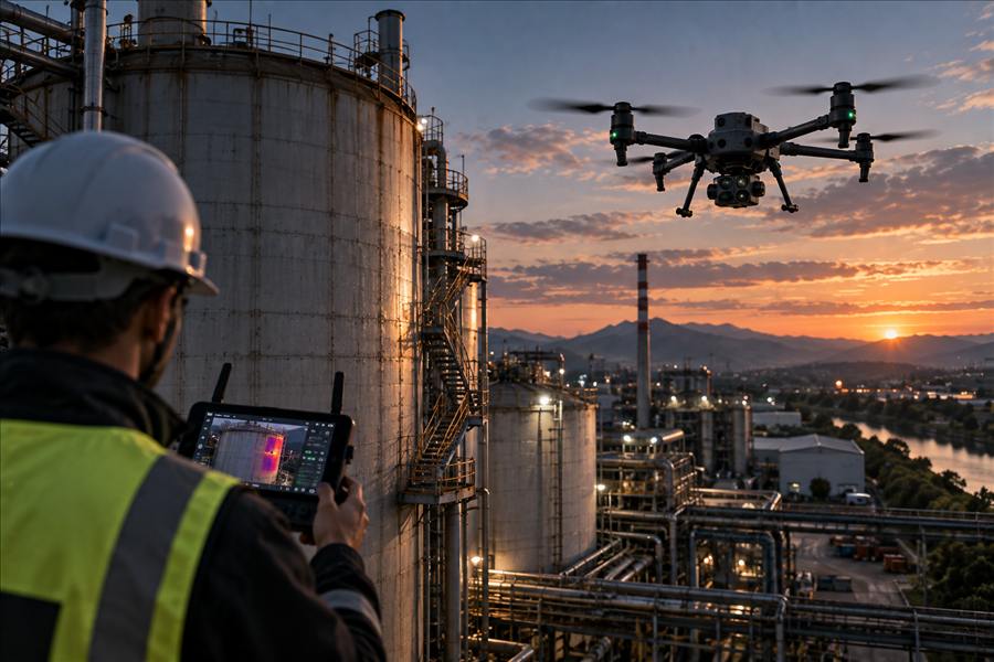 Operatore con casco e gilet ad alta visibilità pilota un drone accanto a un grande serbatoio industriale, al tramonto